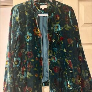 LOFT Greenish Teal Floral Velvet Bomber Jacket with Multicolor Blooms